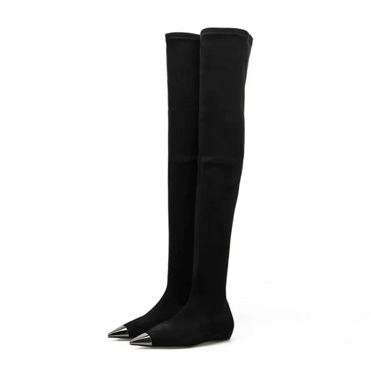 Fashion Brand Metal Pointed Women Knee Long Boots Fashion Stage Show Black Sexy Autumn Winter Over Knee Length Boots Size 34-45