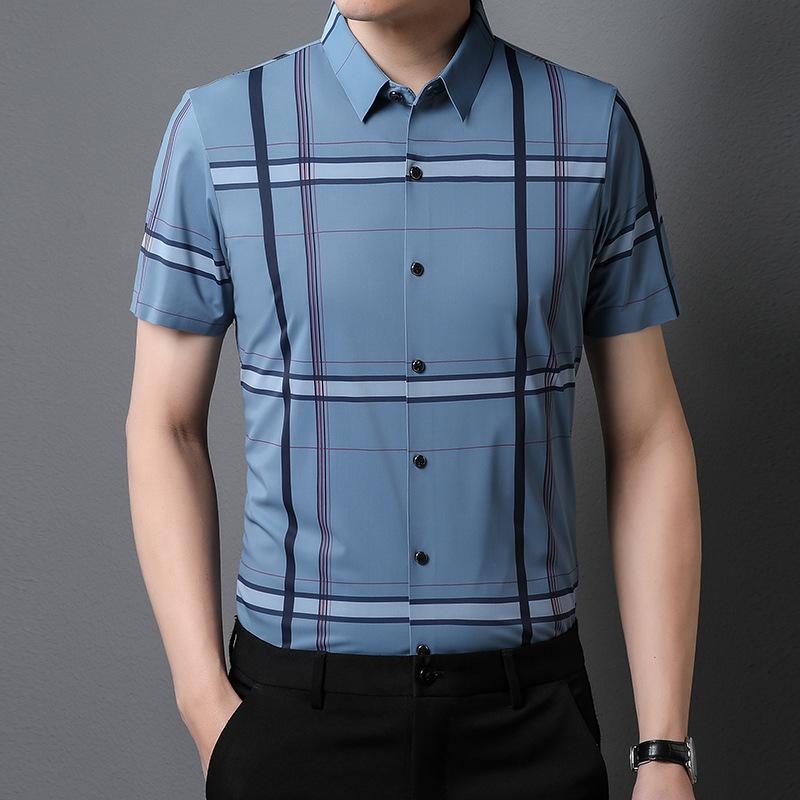 Blue New Men's Short-sleeved Plaid Shirt Fashion Casual Urban Youth Casual Fit Short-sleeved Shirt for Men