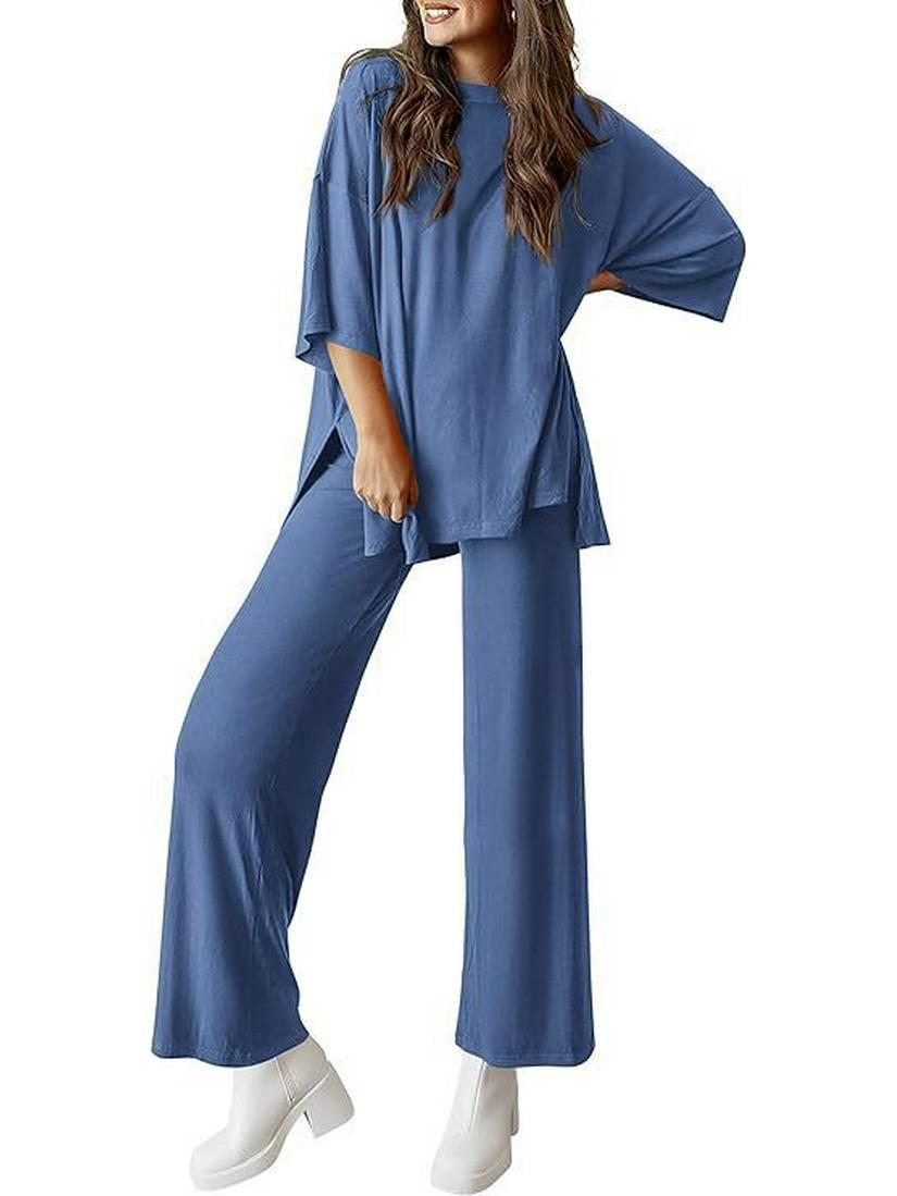 

2025 New Style Fashion Casual Women s Set: Round Neck Top & Loose Wide-Leg Pants M синій