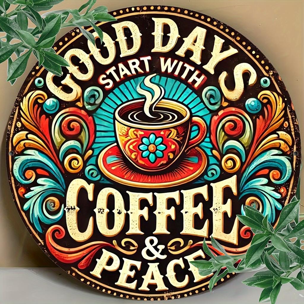 Wooden Disc 'Good Day Starts with Coffee And Serenity' Sign 1 Piece 2D Wall Art for Indoor/Outdoor Garden Room Decor