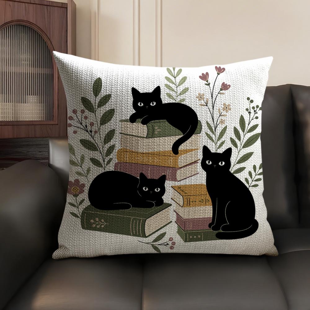 Black Cats With Books Cushion Cover Linen Organic Fabric DoubleSided Printing Sofa Breathable Home Decor Gift Pillow Case
