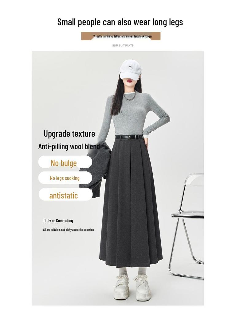 Women's 2024 High-Waisted Wool Pleated Midi Skirt – Autumn/Winter Slimming A-Line