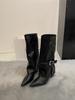 Pointed but Knee Boots Women's Thick Heel Boots Brown Vintage Knight Boots Belt Buckle Fried Street Pant Pants Boots