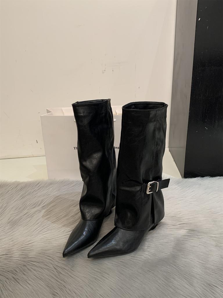 Pointed but Knee Boots Women's Thick Heel Boots Brown Vintage Knight Boots Belt Buckle Fried Street Pant Pants Boots