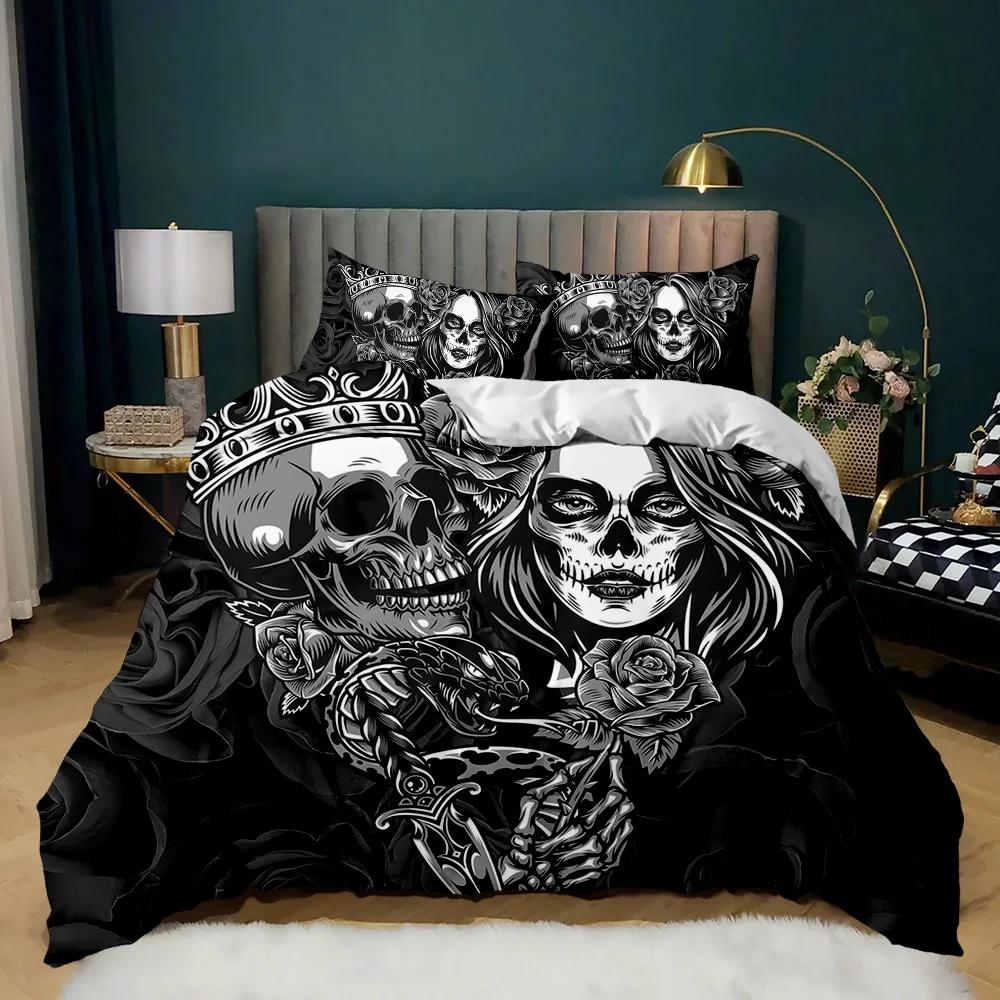 Skull Duvet Cover Set Rose Twin Skeleton Kiss Comforter Cover Teens Gothic Skeleton Double Queen King Size Polyester Qulit Cover