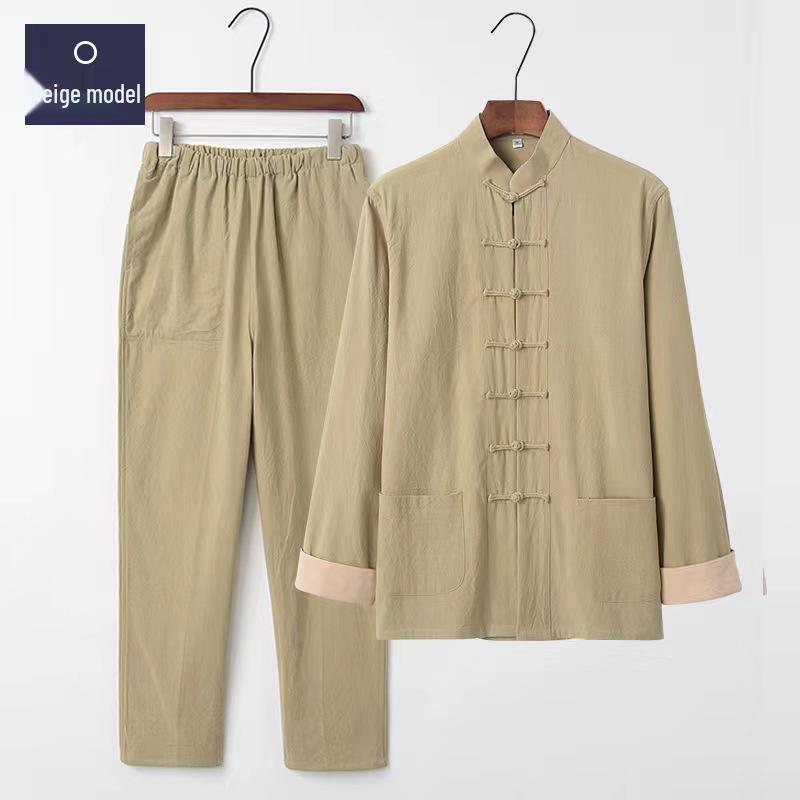 Men's Retro Embroidered Tang Suit Set - Cotton & Linen Long Sleeves for Spring/Autumn Zen Meditation