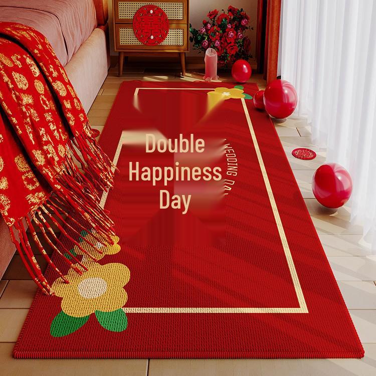 Festive Red Velvet Wedding Bedside Rug - Elegant Chinese-Inspired Bedroom Carpet for Wedding Decor