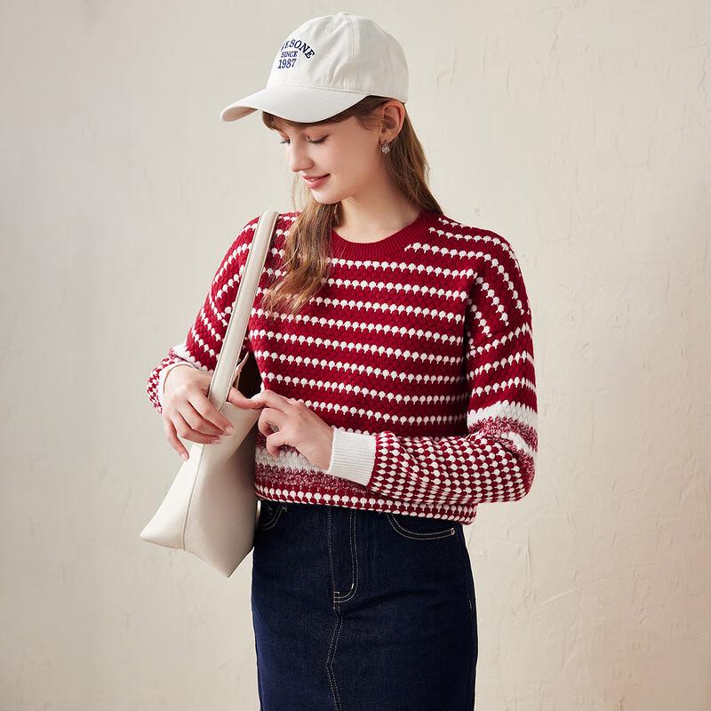 KEMENG BOKA Women's Striped Round Neck Chunky Wool Sweater