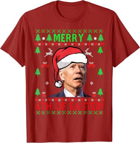 Merry 4th of Easter Funny Joe Biden Christmas Ugly Sweater TShirt Cute Streetwear Clothes Graphic Tee Tops Xmas Costume Gifts S