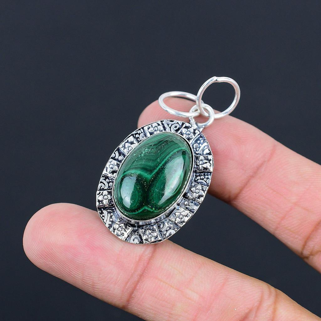 Natural Malachite Gemstone Indian Jewelry 925 Sterling Silver Pendant For Girls