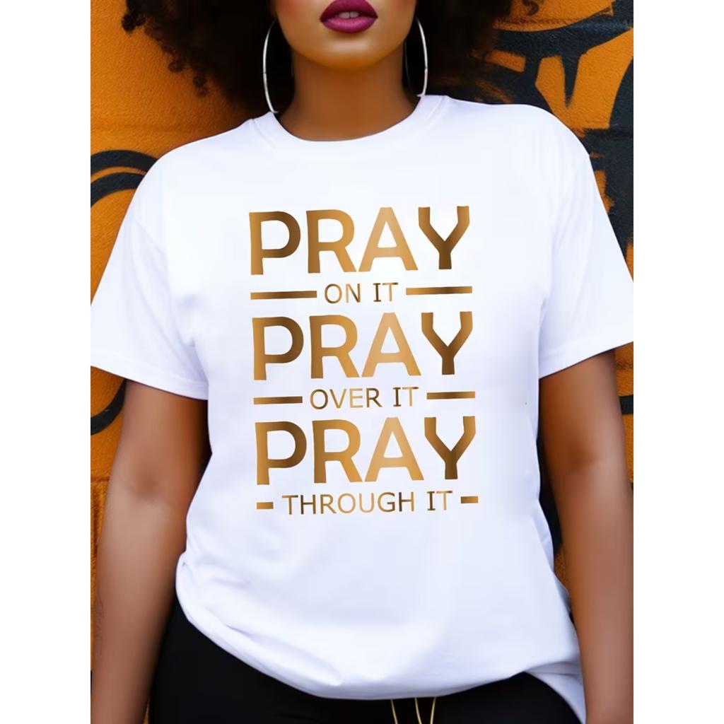 Pray Print Crew Neck T-shirt, Short Sleeve Casual Top For Summer & Spring, Women's Clothing