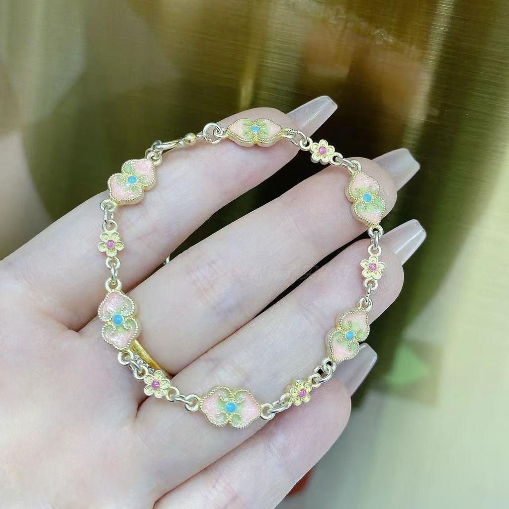 Sterling Silver Enamel Floral Gourd Bracelet: Elegant Chinese-Inspired Design for Women.