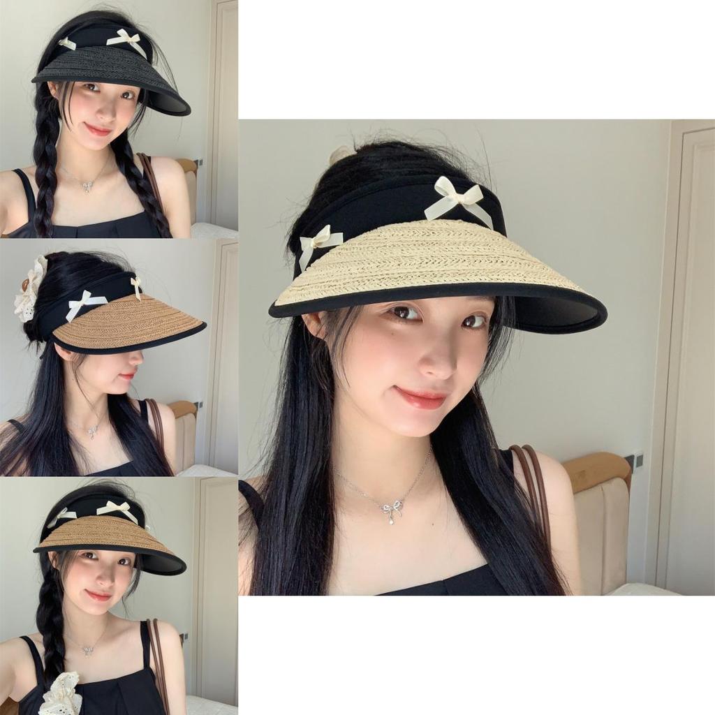Summer Black Straw Wide Brim Hat For Women With Bow Adjustable For Outdoor Use