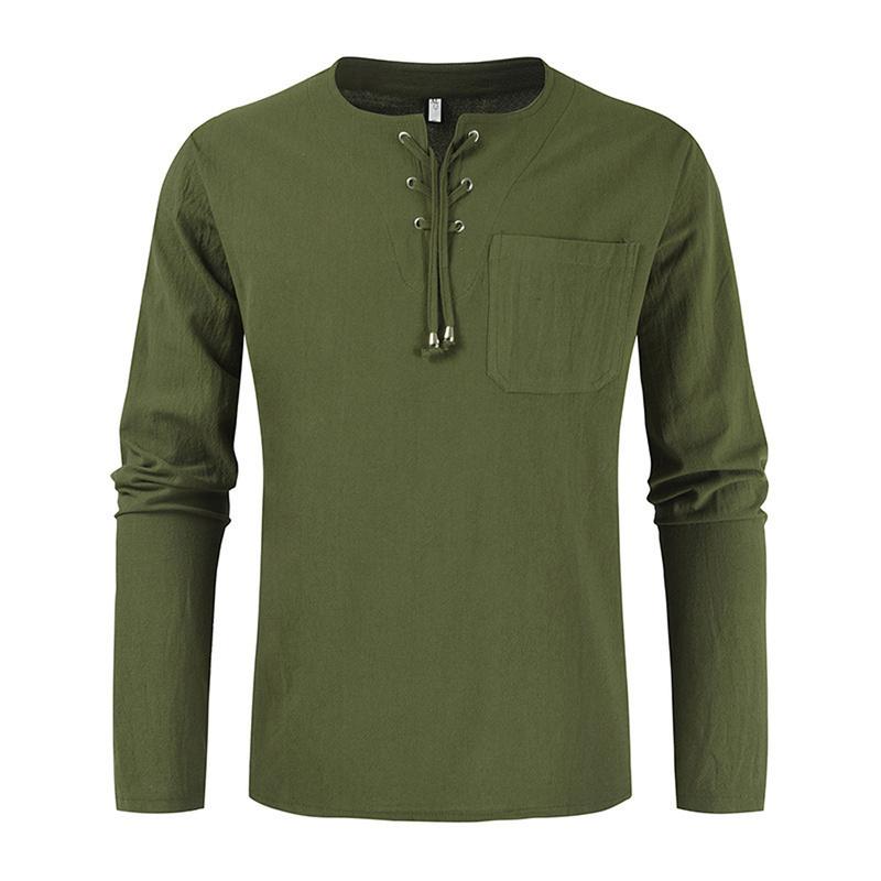Mens Long Sleeve Cotton Linen Blouse Loose Henley V-Neck Tops T Shirts Blouse