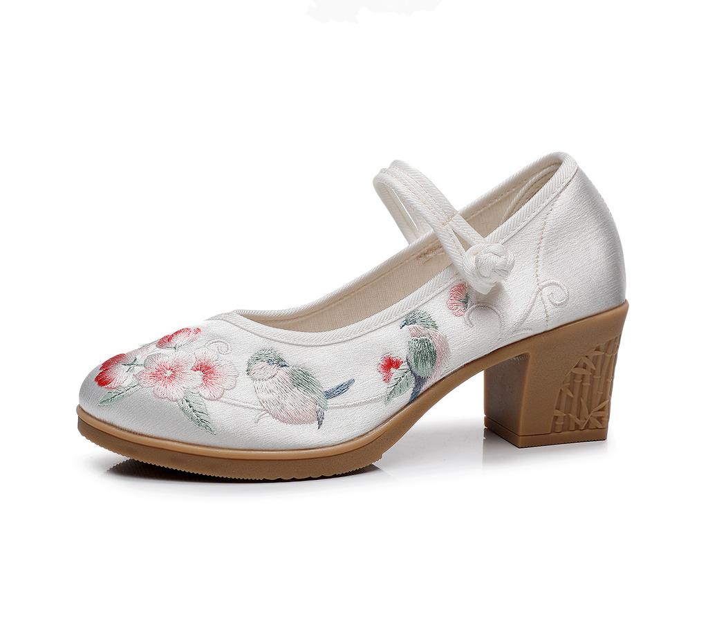 Maogu Tacco Quadrato Grosso Scarpe Nere con Tacco Alto da Donna Bocca Bassa 2024 Primavera Estate Nuovo Ricamo Cinese Scarpe di Stoffa Décolleté
