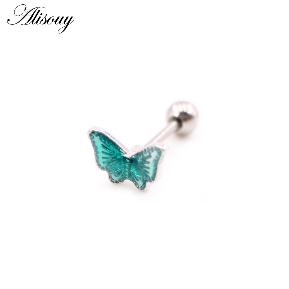 Alisouy 2PCS Butterfly Resin Zircon Ball Stainless Steel Women Men Ear Stud Earrings Cartilage Tragus Helix Pierceing Jewelry