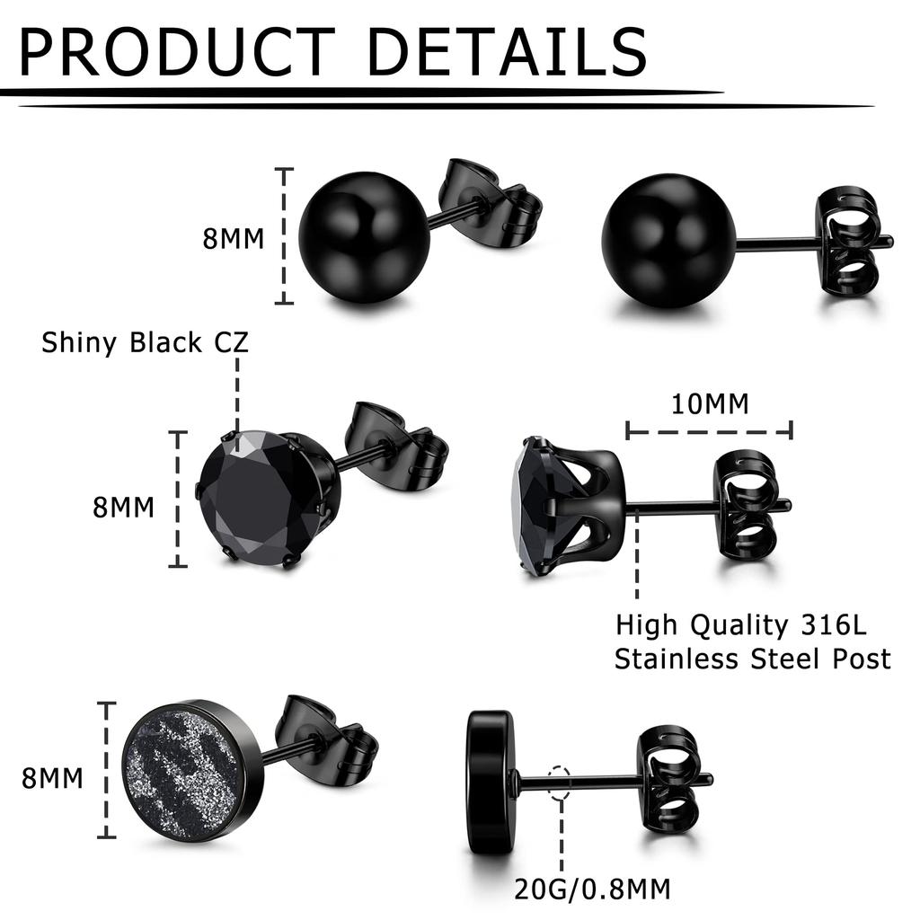 1 Pairs Black Earrings for Men Women Stainless Steel Black Stud Earrings Round CZ Stud Earrings Set 8MM