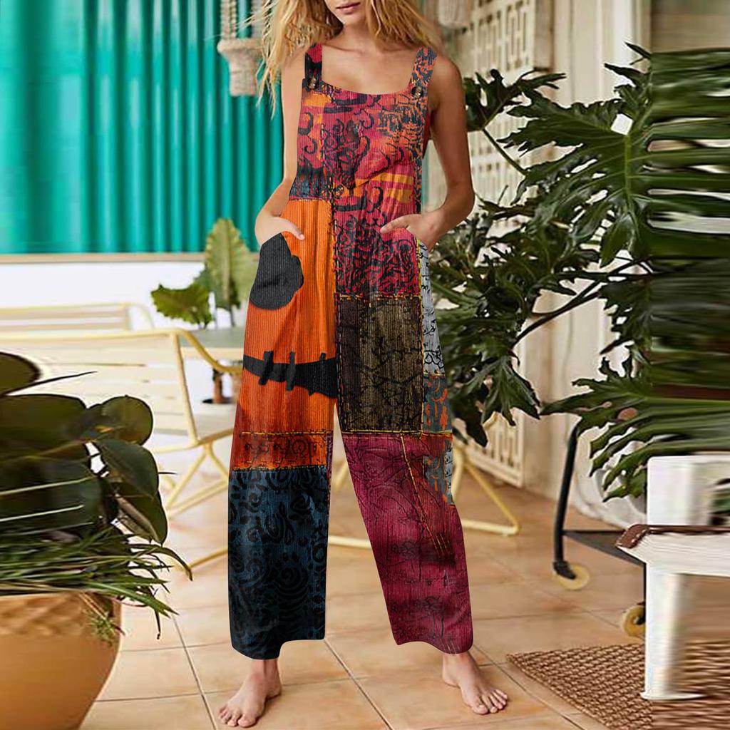 Women's Fashion Halloween Print Casual Vintage Sleeveless Button Jumpsuit
