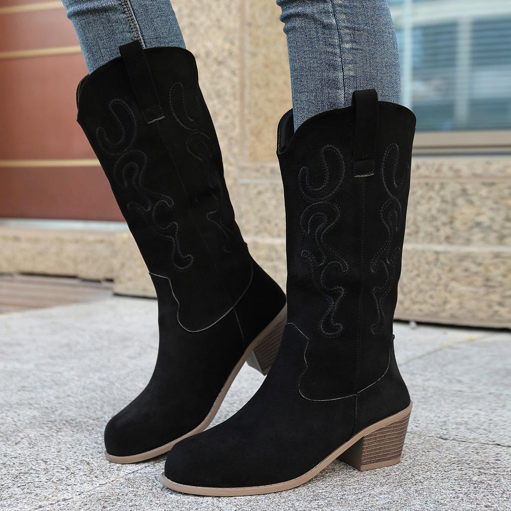 Large Size Women's Embroidered Boots 2025 Autumn and Winter New Retro Round Head Thick Heel V Mouth Western Cowboy Boots