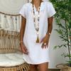Women's Fashion Summer Loose Skirt Short Sleeve V-Neck Cotton Linen Dress
