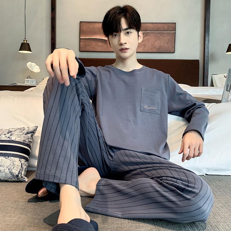 Men's Korean-Style Cotton Pajamas - Long Sleeve, Casual, Seasonal Homewear