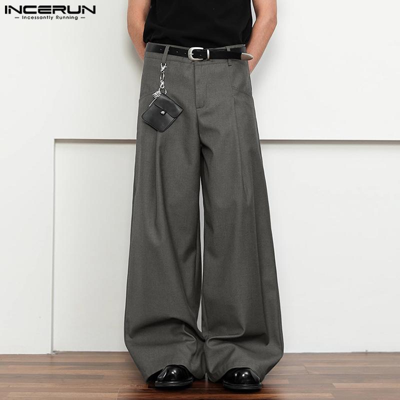 INCERUN Men Zip-up Waist Pockets Casual Loose Long Wide Legs Pants Trousers
