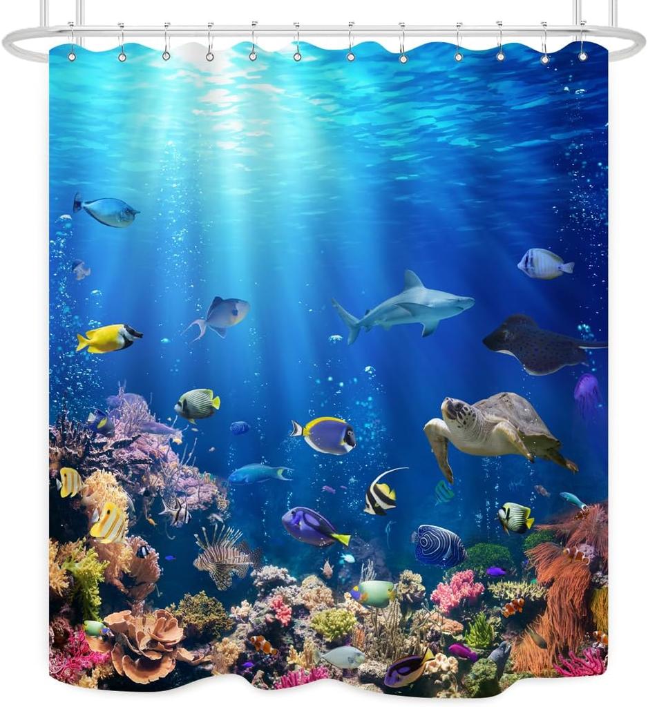 Ocean Underwater World Shower Curtain Colorful Tropical Fishes Turtle Coral in The Deep Sea Home Décor Waterproof Fabric Blue