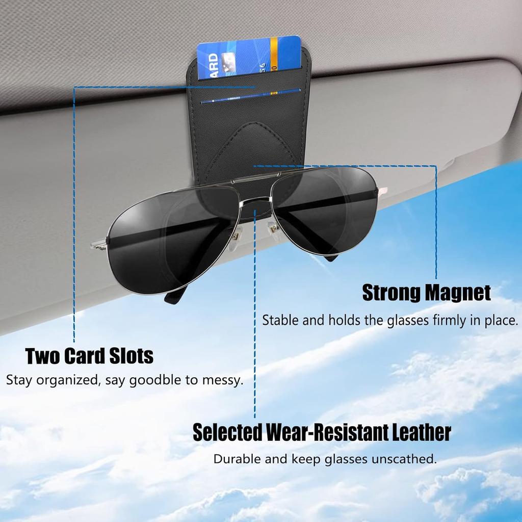 Sunglass and Card Holder for Car Visor, 2 Card Slots Visor Glasses Clip, Strong Magnetic Visor Holder, Visor Accessories for Cars SUV (Black 1Pc)