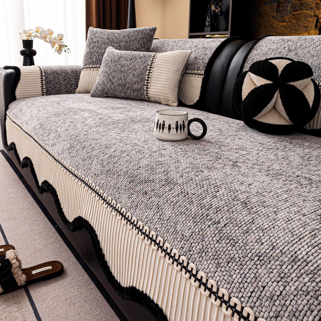 Four Season Universal Chenille Sofa Cover Light Luxury Retro Fixed Anti Slip Straight Row Sofa Cushion Cover Machine Washable
