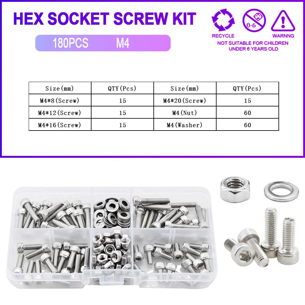 304 Stainless Steel Hex Socket Screw Bolt Nut Washer Set M2 M3 M4 M5 M6 Metric Thread Metal Machine Screws Gasket Assortment Kit
