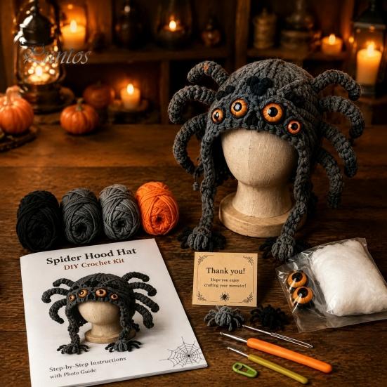 DIY Animal Hood Hat Halloween Crochet Kit, Skull Spider Bat Beginner Friendly Yarn Kit Spooky Pumpkin Earflap Craft for Adults Teens, Autumn