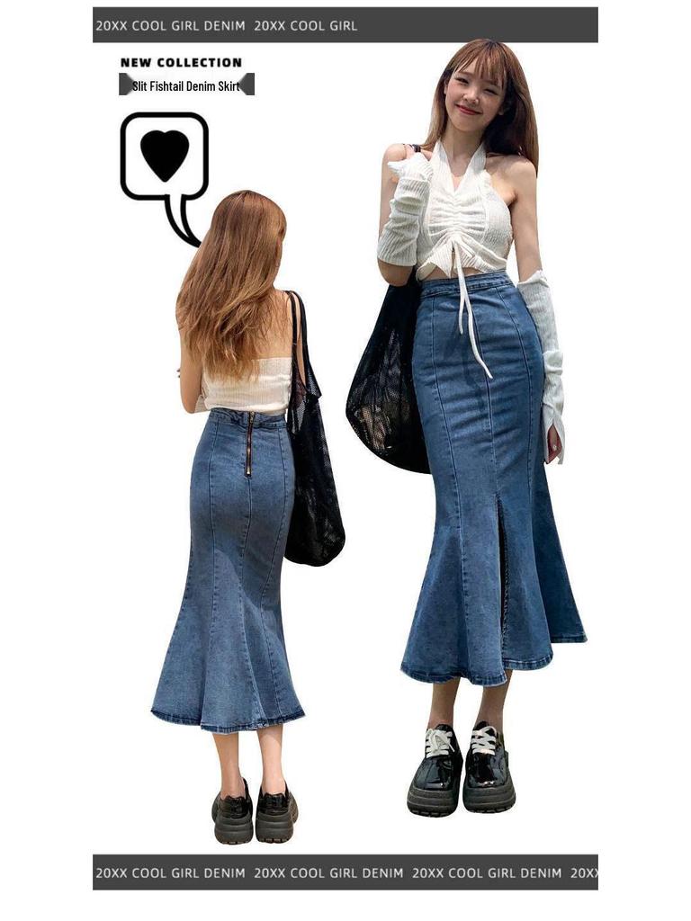 Plus Size Women's High Waist Stretch Denim Fishtail Midi Skirt