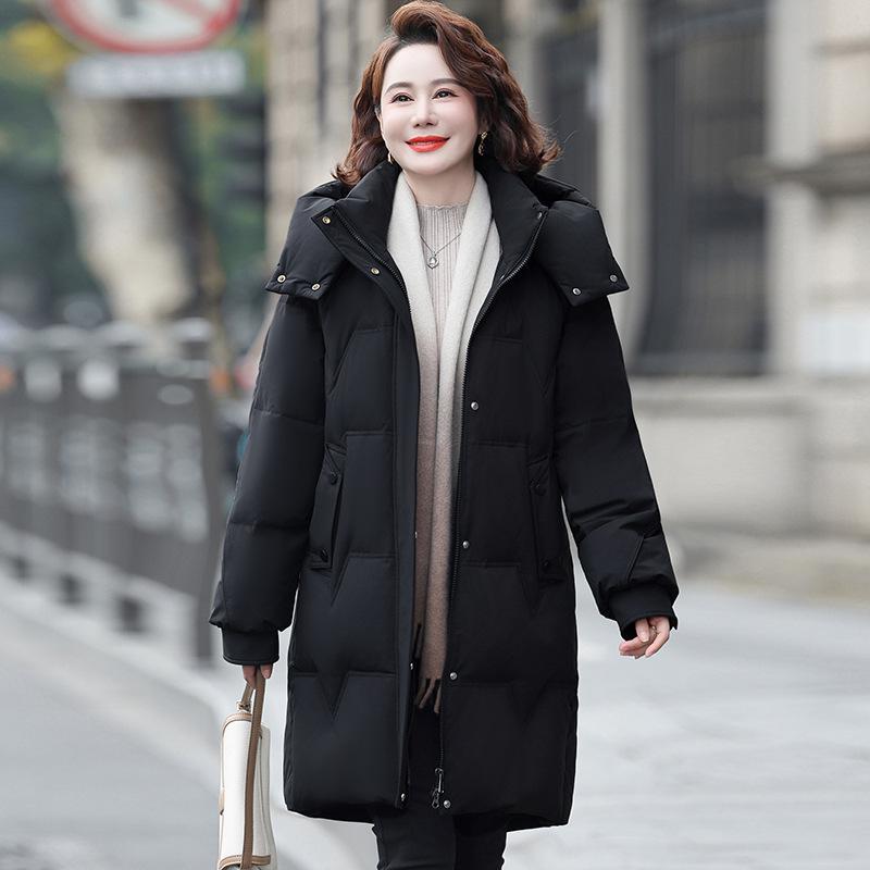 

2025 Mid-Length Hooded Down Coat for Middle-Aged & Elderly Women - Plus Size, Thick & Warm Winter Fashion 4XL чёрный