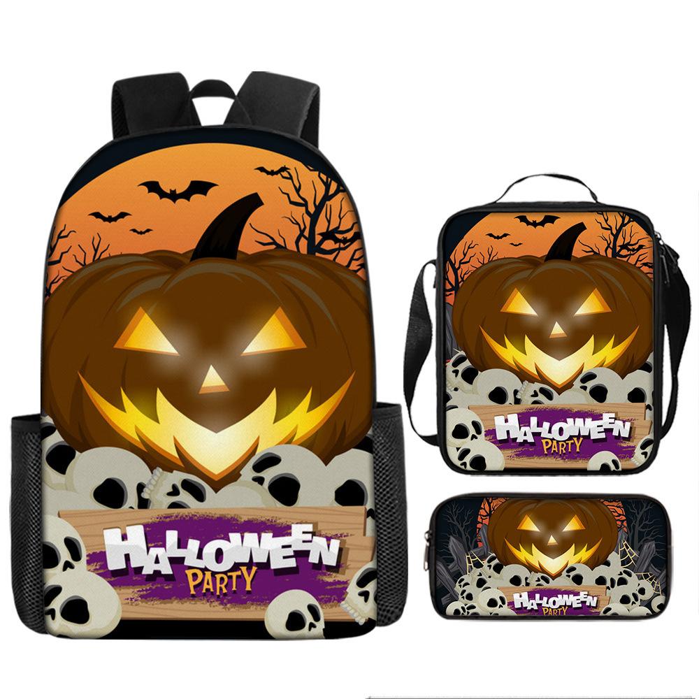 Halloween Backpack Pumpkin Ghost 3-Piece Set Schoolbag Kids Shoulder Bag Cute Bookbag for Boys Girls