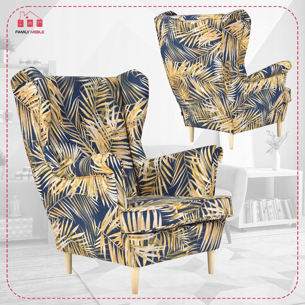 ARI PRINT Scandinavian Family Furniture Wing Chair, Gold, Navy Blue, Leaves