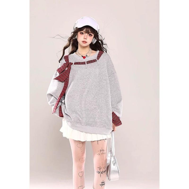 Women's Lace Up Long Sleeved Sweatshirt Round Neck Fake Two Loose Solid Color Women's Hoodies Autumn Fashion New Female Top