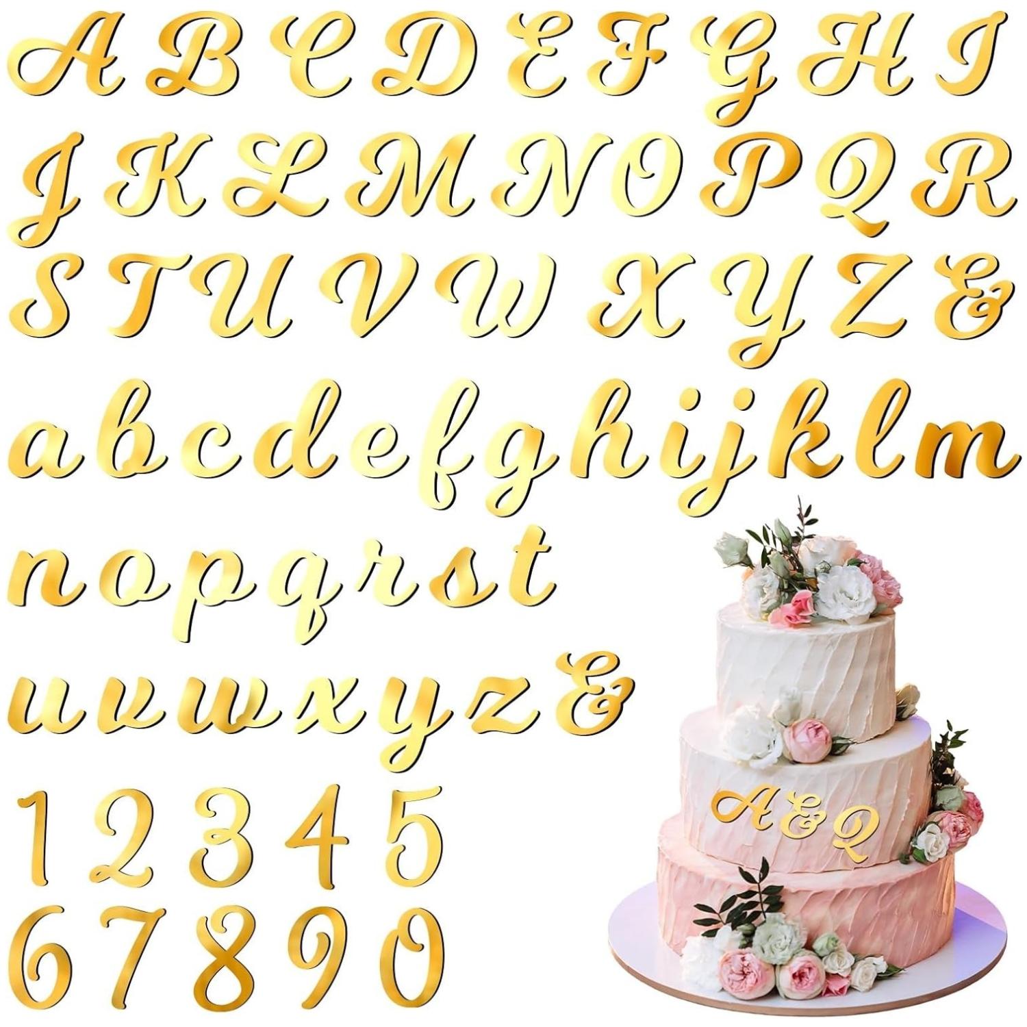

64Pcs Acrylic Cake Alphabet Numbers Topper, Mirror Number 0-9 and Alphabet A-Z Personalized Cake Picks Party Decor