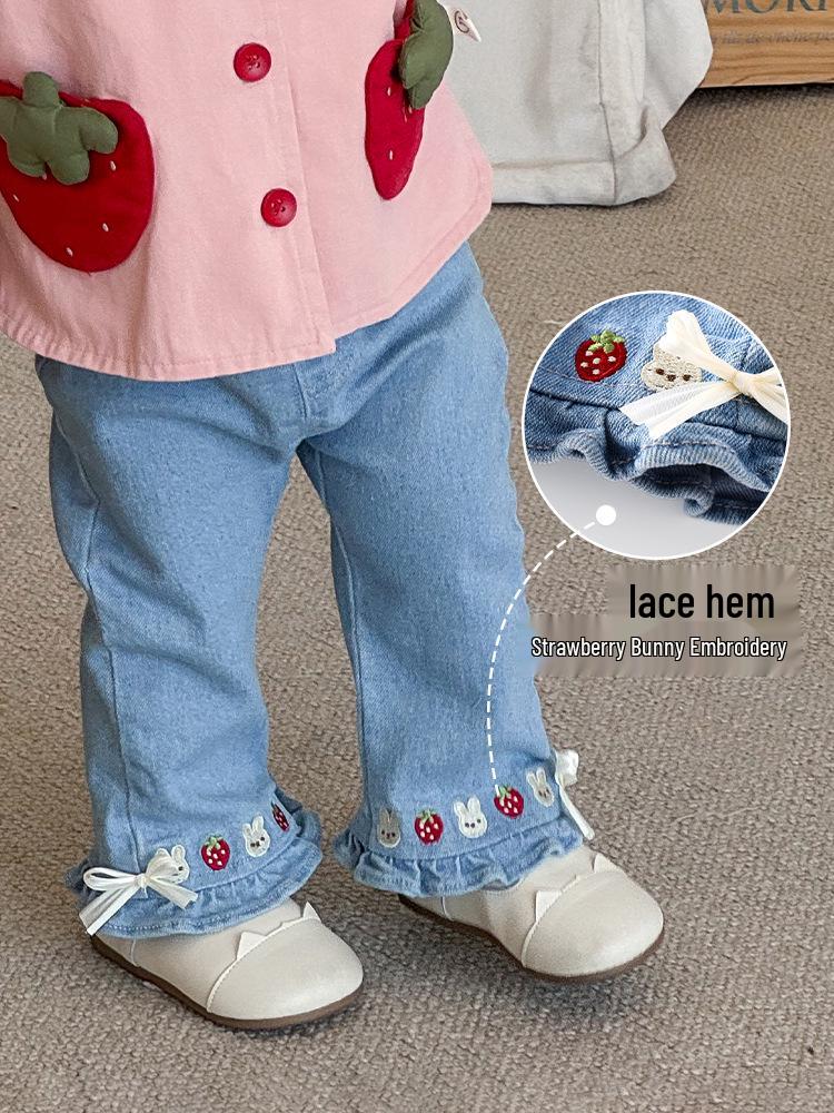 2025 Autumn Korean Style Girls' Rabbit & Strawberry Flared Jeans