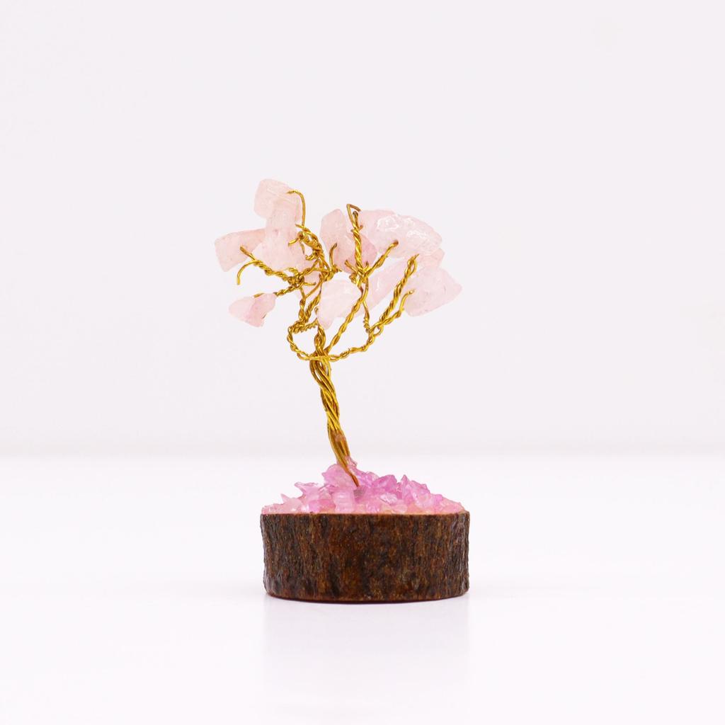 Rose Quartz Gemstone Tree Wood Base 15 Gemstones