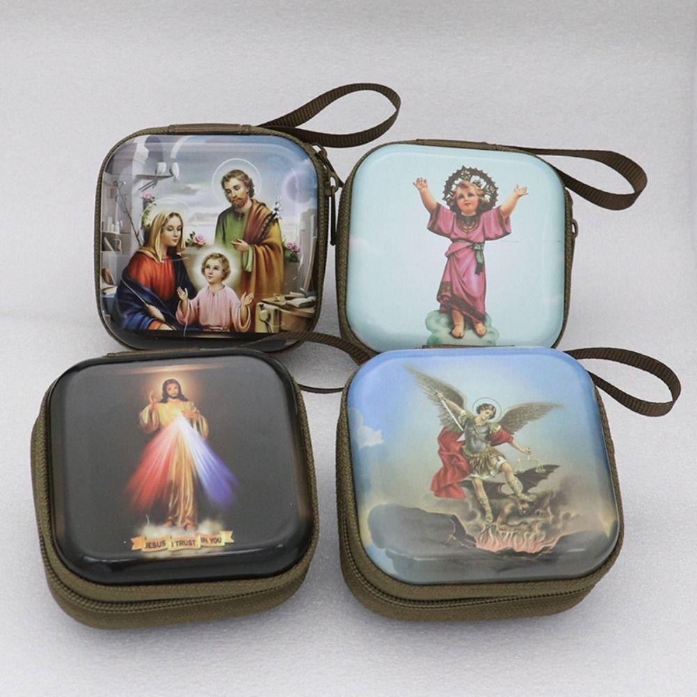Virgin Mary Prayer Rosary Storage Bag 7x7cm Iron Artwork Religious Jewelry Box Elegant Cartoon Prayer Kit Religious Articles