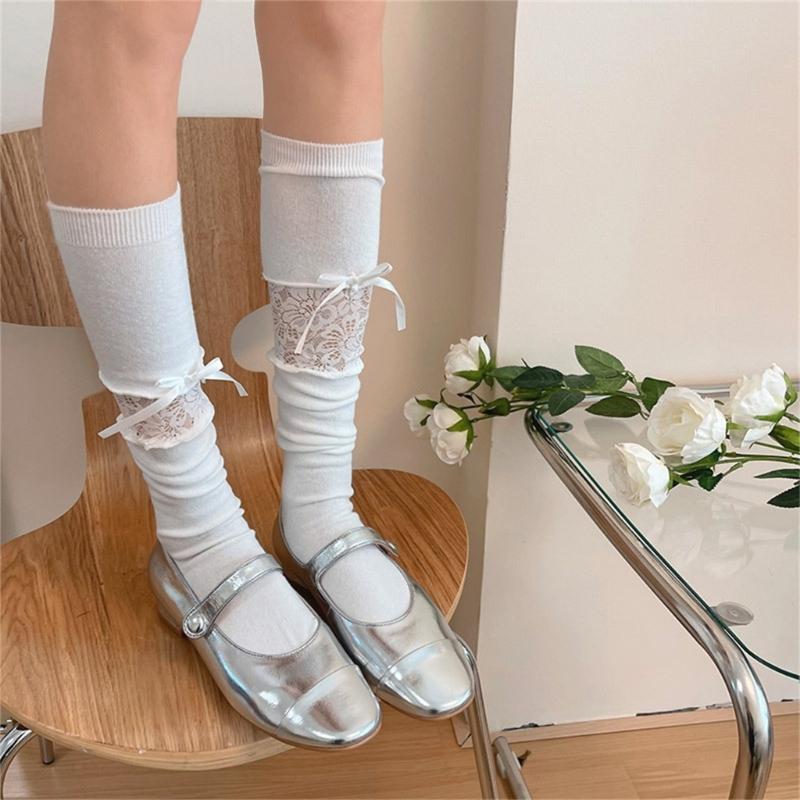 Women Lace Patchwork Calf Sock Knee Length Socks Lacing Up Knee Sock Fashion Mesh Knee Stockings Sexy Mesh Calf Socks