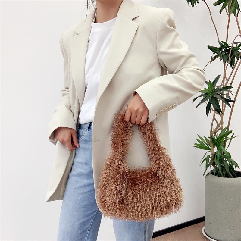 Einfarbige Damen-Schultertasche aus Kunstpelz, süße Winter-Plüsch-Handtasche, einfache Damen-Umhängetasche, Geldbörse, Clutch