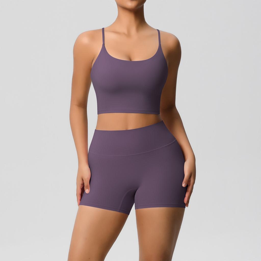 Women's Fashion Solid Color Back Top Tight Breathable Yoga Clothing Sports Running Fitness Shorts Set