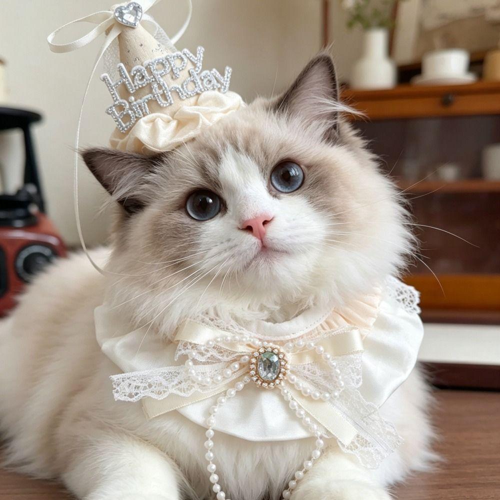 Rhinestone Pet Birthday Hat Scarf Set Cute Cat Princess Hat Pet Birthday Party