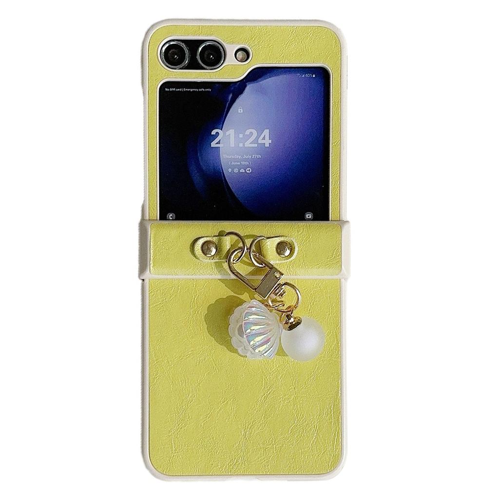 For Samsung Galaxy Z Flip5 5G Case PU Leather+PC Phone Shell with Pendant Crazy Horse Texture