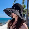 Women Black Glue Lining Sun Hat Hollow Woven Wide Brim Drawstring Foldable Outdoor Beach Uv Protection Cap