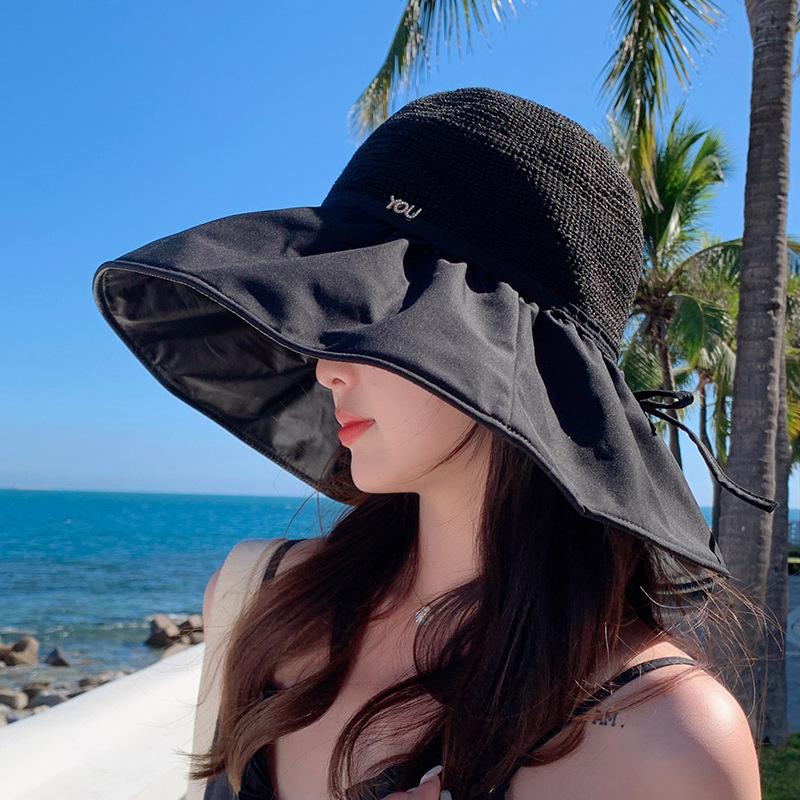 Women Black Glue Lining Sun Hat Hollow Woven Wide Brim Drawstring Foldable Outdoor Beach Uv Protection Cap