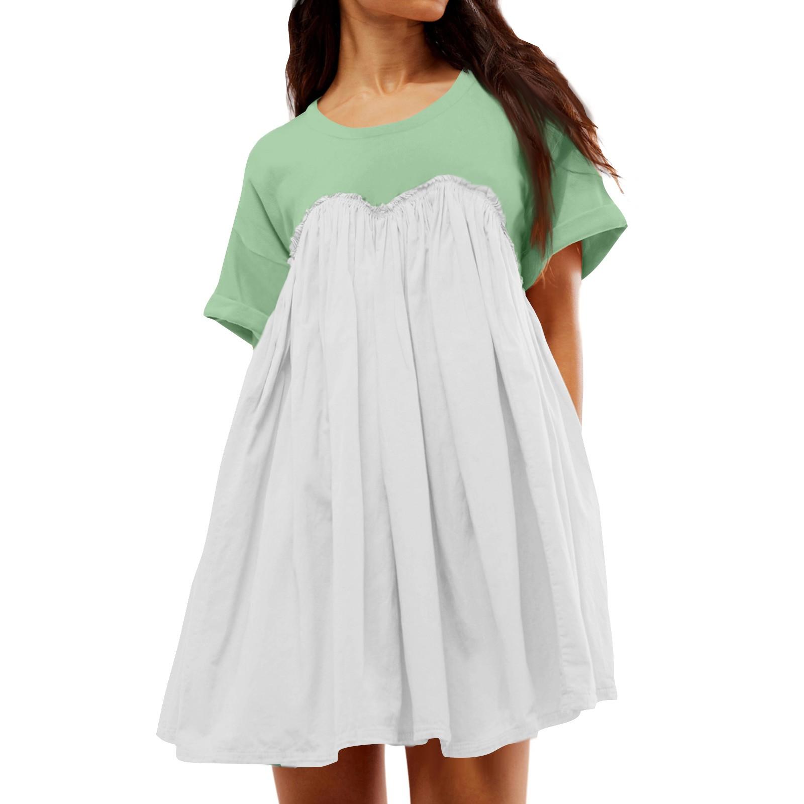 

Женское модное плиссированное лоскутное платье с круглым вырезом и короткими рукавами с карманами XL белый