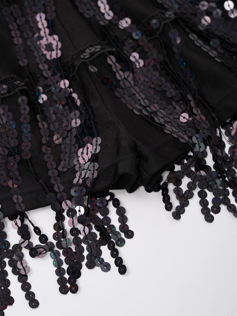 Girls Sequin Dance Dress Sleeveless Back Keyhole Boyshorts Sequin Tassel One Piece Latin Jazz Outfit