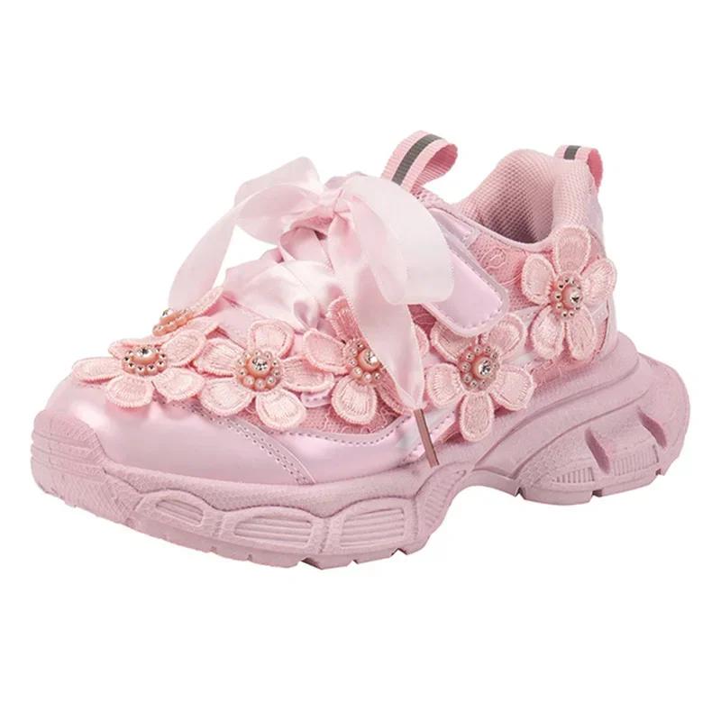 Fashion Lace Flower Girls' Casual Sports Shoes 2024 Autumn New Children's Soft Soled Running Shoes Kids Sneakers